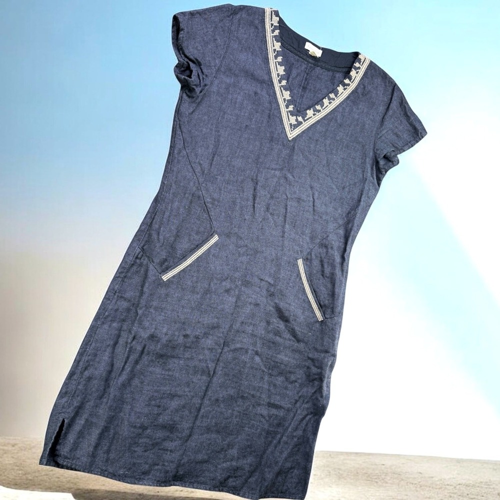 Garnet Hill Dress Women 4 Blue Linen Embroidered V Neck Shift Pockets Boho Mini